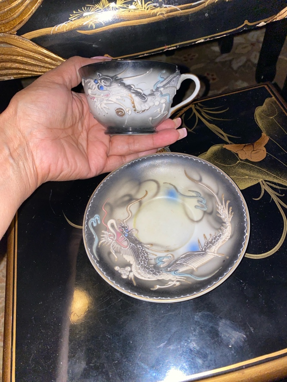 Gray Dragon Motif Teacup and Saucer - Ornamental Ceramic Set